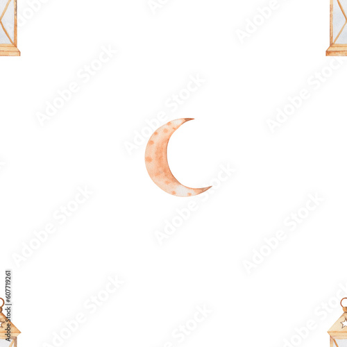 seamless watercolor pattern lantern, month, stars. beautiful pattern for ramadan holiday. for muslim dress textiles and home textiles. enjoy.