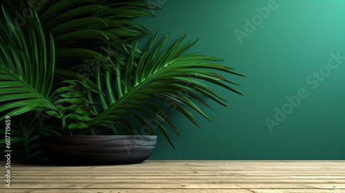 Empty wooden table on the foreground with tropical palm leaves. Summer tropical holiday background concept. Generative Ai