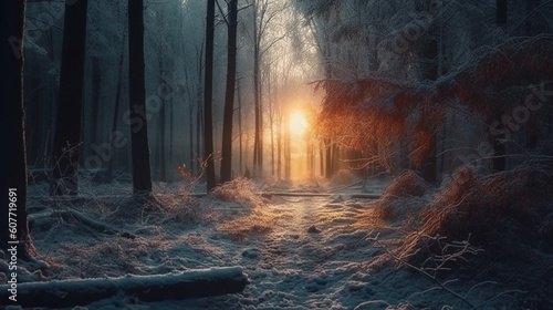 Forest in winter with a sunset. Generative Ai