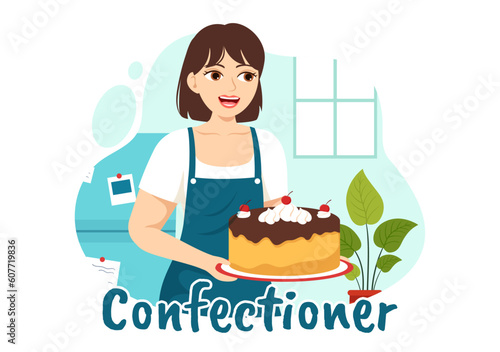Confectioner Vector Illustration with Chef Wearing Apron Preparing Dessert, Sweet Products and Pastry in Flat Cartoon Hand Drawn Templates