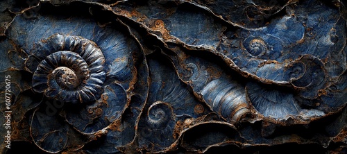 Fossilized ammonite sea shell spirals embedded into dark cobalt blue slate rock. Prehistoric layered and ridged stone texture with detailed surface patterns - generative ai © SoulMyst