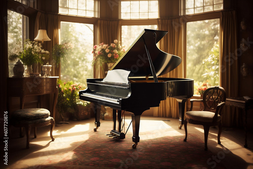 Grand piano sitting in the middle of elegant living room. AI generated.