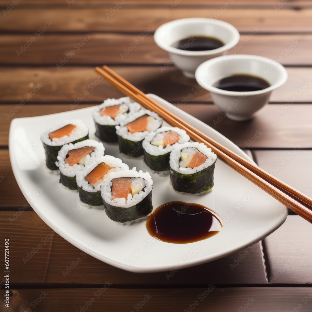 Sushi maki rolls salmon with soy sauce and sticks, Generative ai Sushi maki rolls salmon with soy sauce and sticks, Generative ai