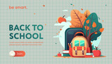 Back to school advertising web banner with backpack, autumn trees and books