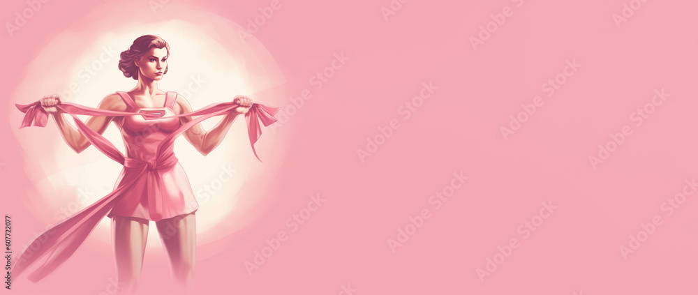 A powerful cancer survivor woman, strong woman lifting weights with a pink ribbon and a pink background. Generative AI A powerful cancer survivor woman, strong woman lifting weights with a pink ribbon and a pink background. Generative AI