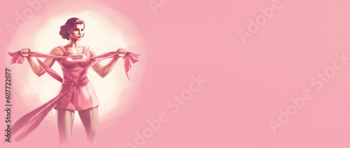 A powerful cancer survivor woman, strong woman lifting weights with a pink ribbon and a pink background. Generative AI