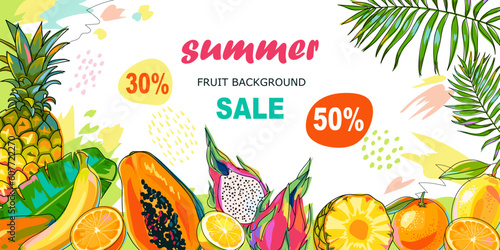 Sale banner with fruits and tropical leaves until summer time. Vector rectangular template. Pineapple, pitaya, papaya, orange, banana and palm leaves on white. Flyer, invitation, poster, brochure.