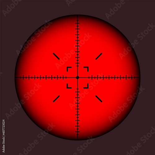 Various weapon thermal infrared sight, sniper rifle optical scope. Hunting gun viewfinder with crosshair. Aim, shooting mark symbol. Military target sign. Game UI element. Vector illustration