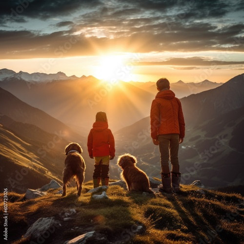 Family  child  and their beloved dog as they stand on the peak of a mountain. Generative AI