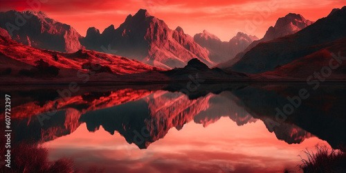 Surreal scene of mountain range at dusk with the bright red sky and mountain lake. AI generated. © Oksana Kumer