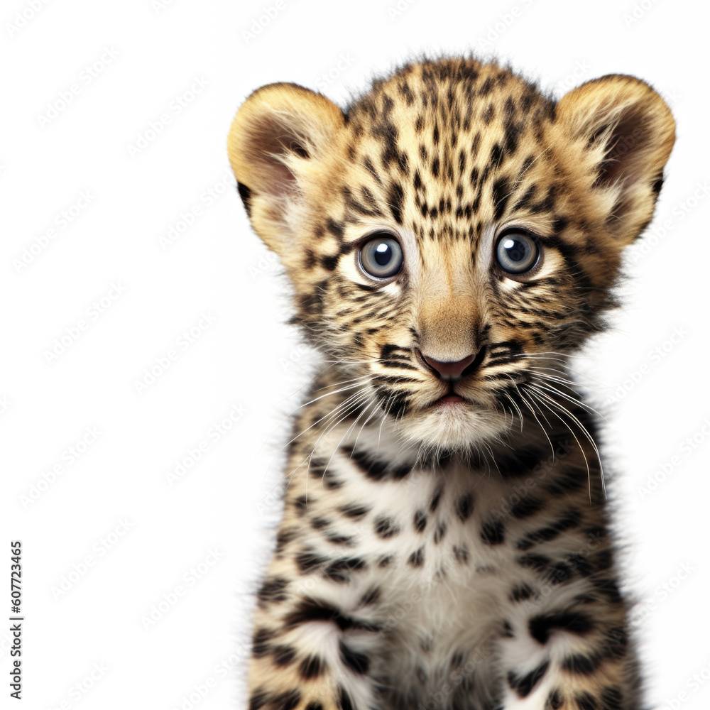 Cute baby leopard isolated on a white background. Generative AI Cute baby leopard isolated on a white background. Generative AI
