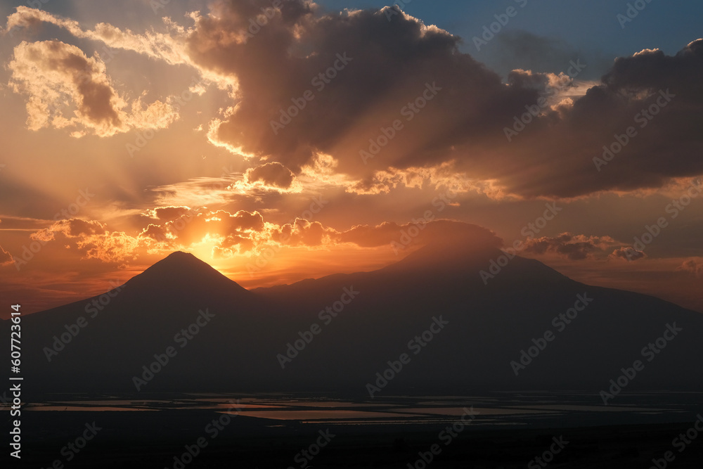 Sunset above Mount Ararat. View from Paruyr Sevak pass Armenia.