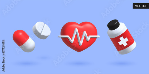 Medicine 3d icons set. Pills, heart rate and a plastic bottle with capsules. Collection of elements for pharmaceutical in cartoon style. Vector illustration.