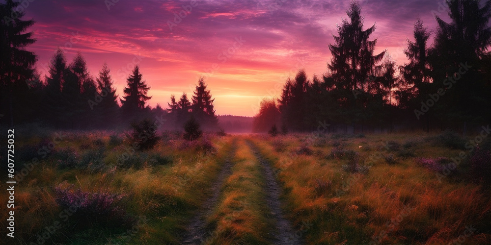 Serene landscape with forest, purple and pink sky. Surreal landscape. AI generated. Serene landscape with forest, purple and pink sky. Surreal landscape. AI generated.