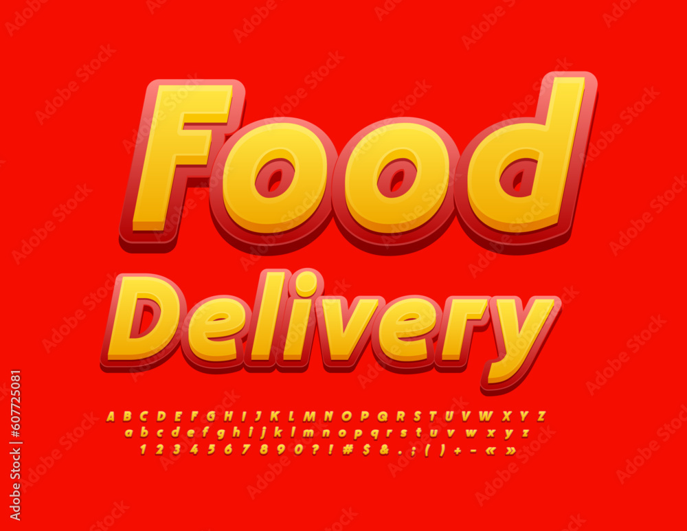 Vector advertising poster Food Delivery. Modern creative Font. Red and Yellow bright Alphabet Letters, Numbers and Symbols. Vector advertising poster Food Delivery. Modern creative Font. Red and Yellow bright Alphabet Letters, Numbers and Symbols.