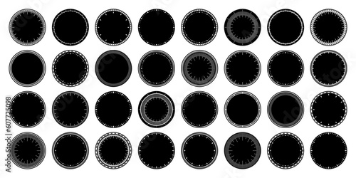 Mechanical clock faces, bezel. Watch dial with minute and hour marks. Timer or stopwatch element. Blank measuring circle scale with divisions. Vector illustration.