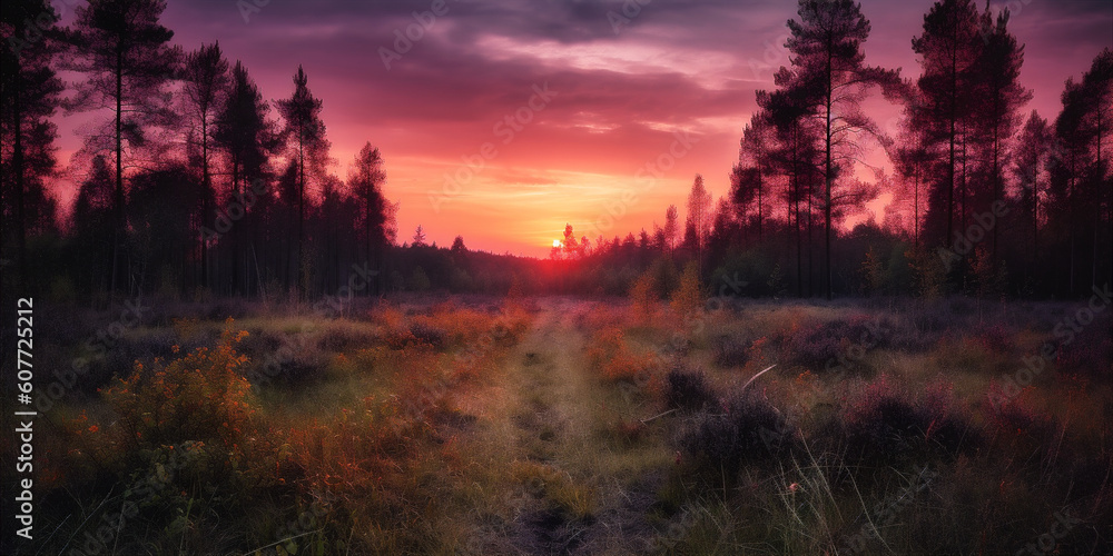 Serene landscape with forest, purple and pink sky. Surreal landscape. AI generated. Serene landscape with forest, purple and pink sky. Surreal landscape. AI generated.