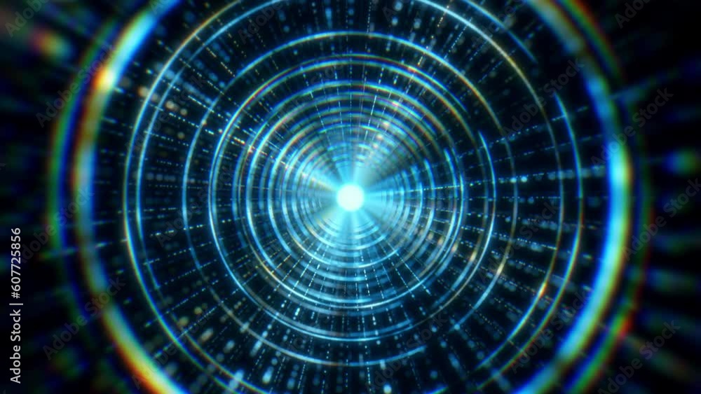 Video animation of circles in a tunnel with particles moving against a dark background - abstract background