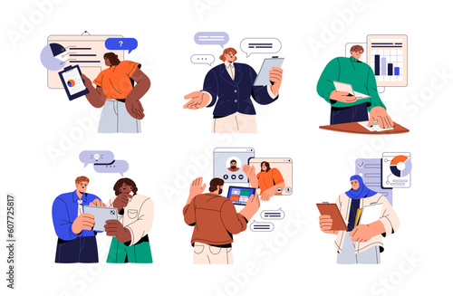 Business people holding tablet pc, clipboards with work documents, reports. Characters with devices, gadgets, information papers in hands. Flat vector illustrations isolated on white background
