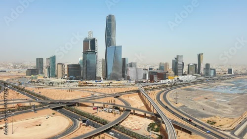 Riyadh: Aerial view of capital city of Saudi Arabia, modern city skyline, skyscrapers of King Abdullah Financial District (KAFD) - landscape panorama of Arabian Peninsula from above
