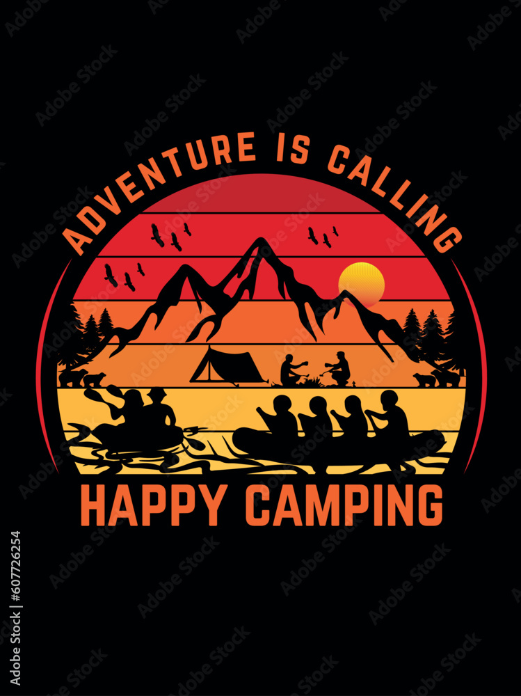 Adventure is calling happy camping, camping t shirt design (camping t-shirt, vintage t-shirt design, vector design)
