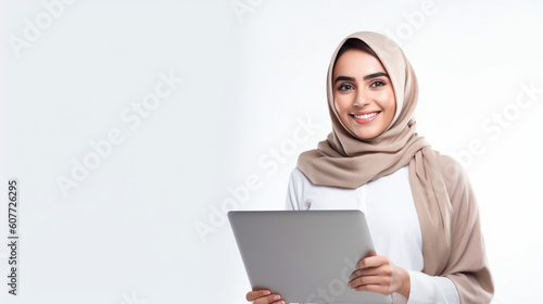 Young arabic woman using a laptop device on a white studio background