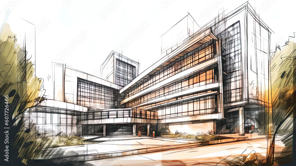 Concept technical design sketches of houses and villas in ink & pencil and watercolor. Artistic sketches detail architecture showcasing modern apartment buildings. Generative AI Concept technical design sketches of houses and villas in ink & pencil and watercolor. Artistic sketches detail architecture showcasing modern apartment buildings. Generative AI
