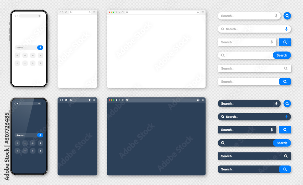 Smartphone, blank internet browser window with various search bars. Web site engine with search box, address bar and text field. UI design, website interface. Dark, light modes. Vector illustration Smartphone, blank internet browser window with various search bars. Web site engine with search box, address bar and text field. UI design, website interface. Dark, light modes. Vector illustration