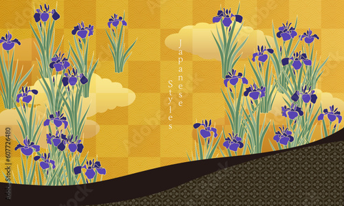 Japanese-style background　和柄デザイン背景　カキツバタ　古典柄　琳派風