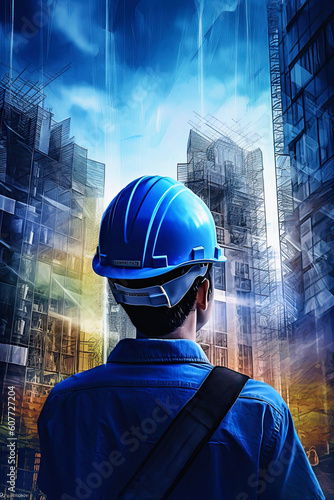 worker or engineer with safety helmet, skyscraper construction. Ai generative