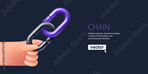 Hand holding hyperlink icon. Chain links in 3D cartoon plastic style. Realistic vector icon render. Teamwork emblem.