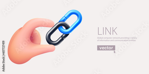 Hand holding hyperlink icon. Chain links in 3D cartoon plastic style. Realistic vector icon render. Teamwork emblem.
