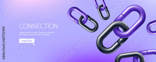 Blockchain link banner in 3D cartoon plastic style. Realistic vector render. Crypto currency template. Hyperlink web design.