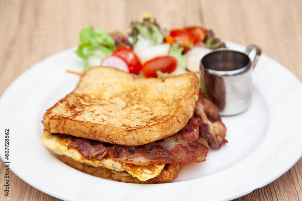 French toast with omelette and bacon for breakfast, brunch French toast with omelette and bacon for breakfast, brunch