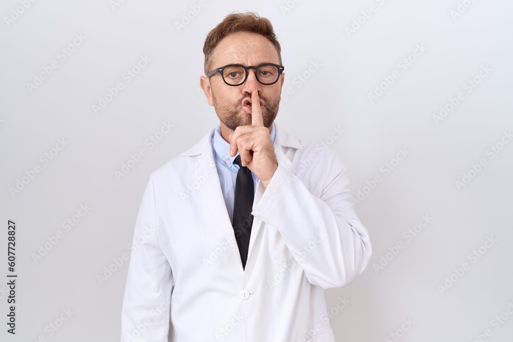 Middle age doctor man with beard wearing white coat asking to be quiet with finger on lips. silence and secret concept. Middle age doctor man with beard wearing white coat asking to be quiet with finger on lips. silence and secret concept.