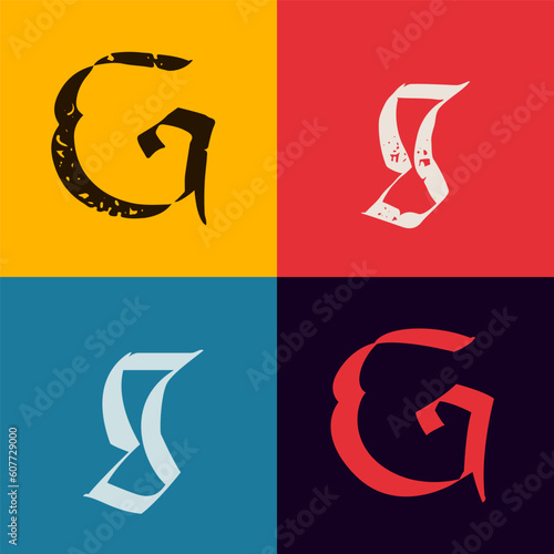 Gothic style letter G logo. Calligraphy uppercase and lowercase letters. Antique vintage blackletter vector set.