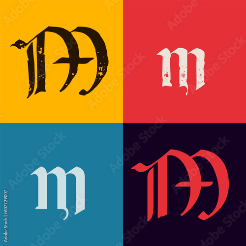 Gothic style letter M logo. Calligraphy uppercase and lowercase letters. Antique vintage blackletter vector set.