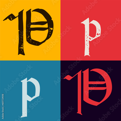 Gothic style letter P logo. Calligraphy uppercase and lowercase letters. Antique vintage blackletter vector set.