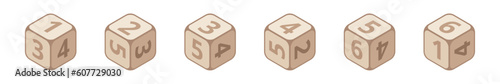 Set of 6 wooden game dice with numerals. 3D casino clipart. Isolated vector and PNG illustration on transparent background.