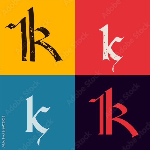 Gothic style letter K logo. Calligraphy uppercase and lowercase letters. Antique vintage blackletter vector set.