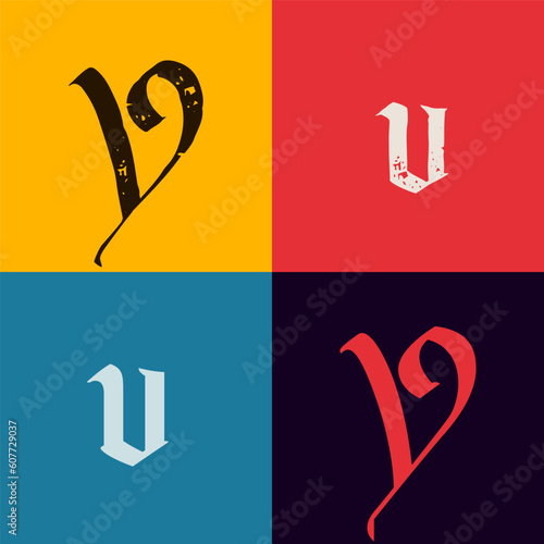 Gothic style letter V logo. Calligraphy uppercase and lowercase letters. Antique vintage blackletter vector set.