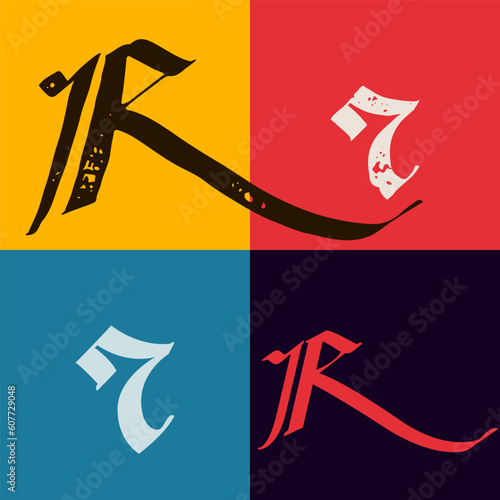 Gothic style letter R logo. Calligraphy uppercase and lowercase letters. Antique vintage blackletter vector set.