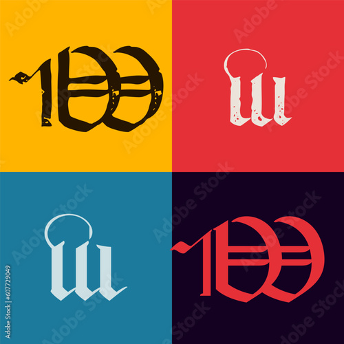 Gothic style letter W logo. Calligraphy uppercase and lowercase letters. Antique vintage blackletter vector set.