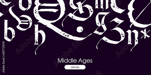 Medieval web banner with blackletter gothic calligraphy on top. Ornamental frame with lettering composition pattern.