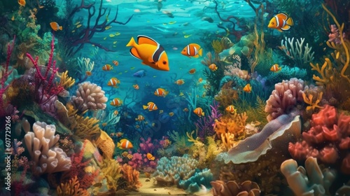 A painting of an underwater scene with fish. Generative AI image. © starush