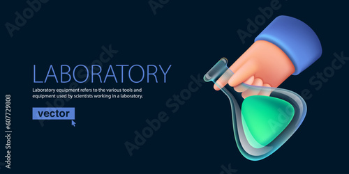 Hand of scientist holding chemical cone flask. Realistic 3D render. Vector cartoon plastic style.