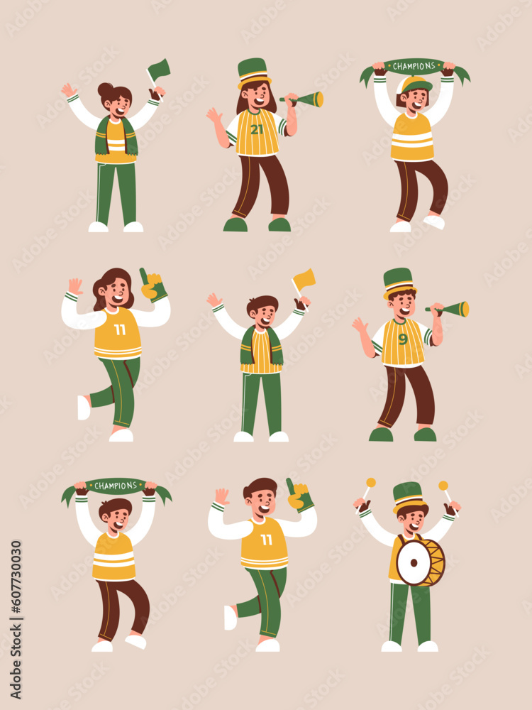 Football fans. Cheering sports support team, smiling people in soccer