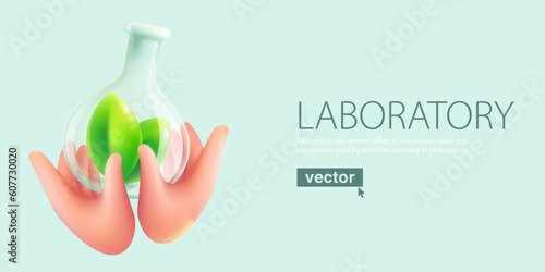Hands of scientist holding chemical sphere flask with green leaves inside. Eco illustration.