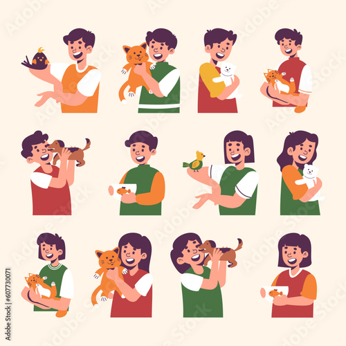 Set of happy pet owners with dogs, birds, fish, and cats, Collection of people playing, hugging, and cuddling with animal friends.