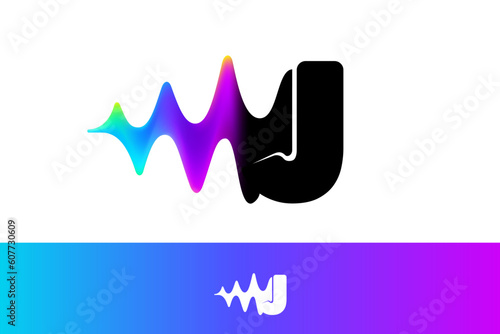 Letter J logo with sound wave flow. Vibrant line glitch effect. Multicolor neon gradient icon. photo